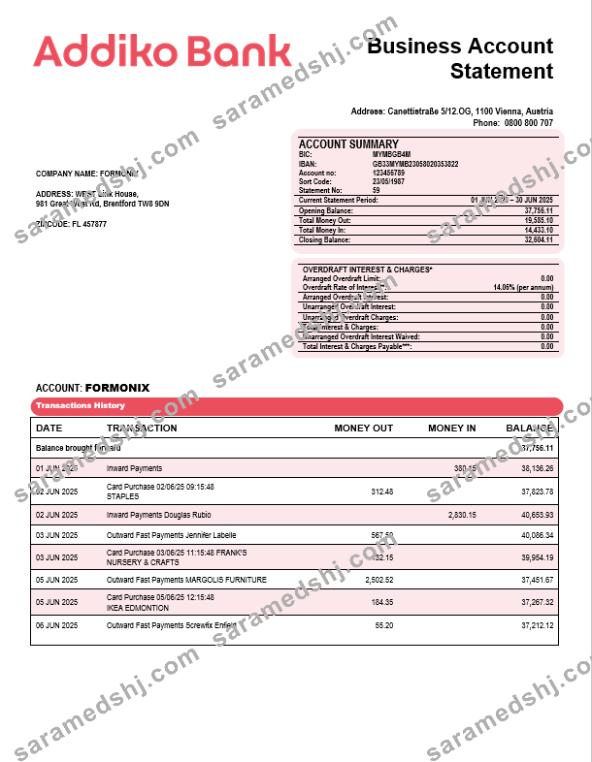 Addiko business bank organization account statement Word and PDF format
